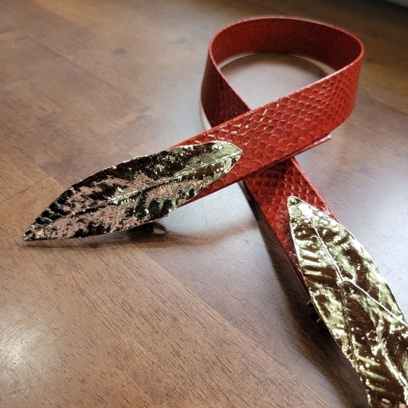 Vintage Red Faux Snakeskin Belt with Gold Tone Metal Leaves - Picture 3 of 16